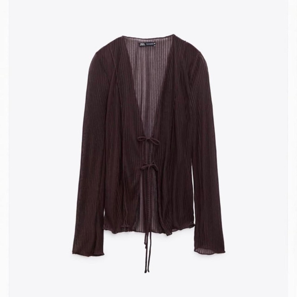 Zara size medium. Purple blouse/cardigan. See through, with ties. Ribbed.